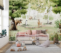 Elegant Watercolor Woodland Wonders mural for natural decor.
