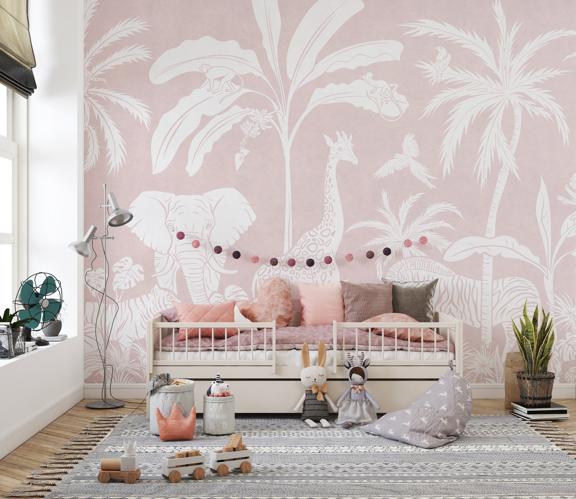 Pink jungle-themed Monochrome mural for unique spaces.
