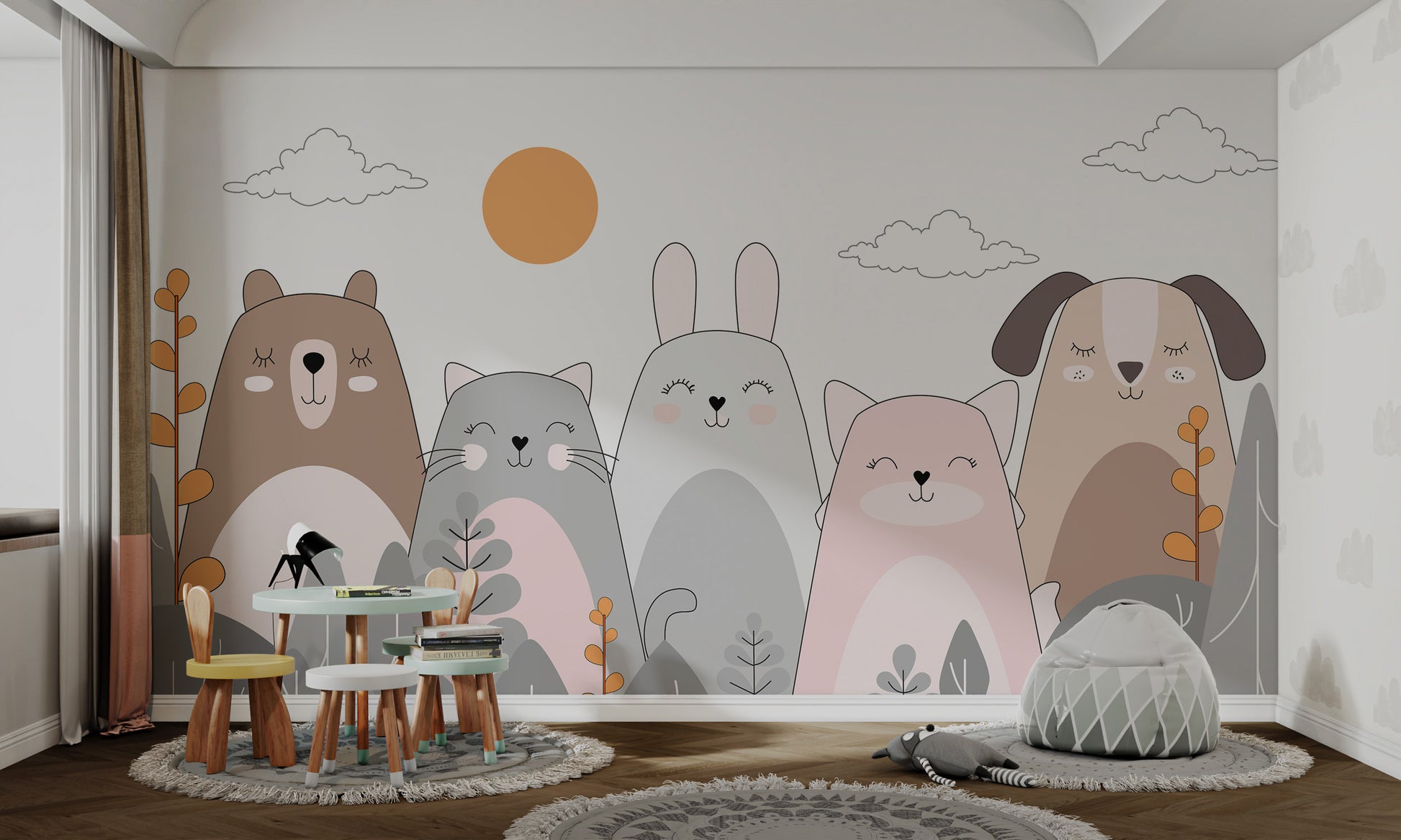 Cute cartoon animal mural for children's bedrooms