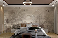 Tropical birds and palm tree vintage painting wallpaper