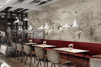 Forest mural with vintage palm tree and tropical birds