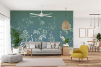 Wallpaper mural of cranes in vintage garden style
