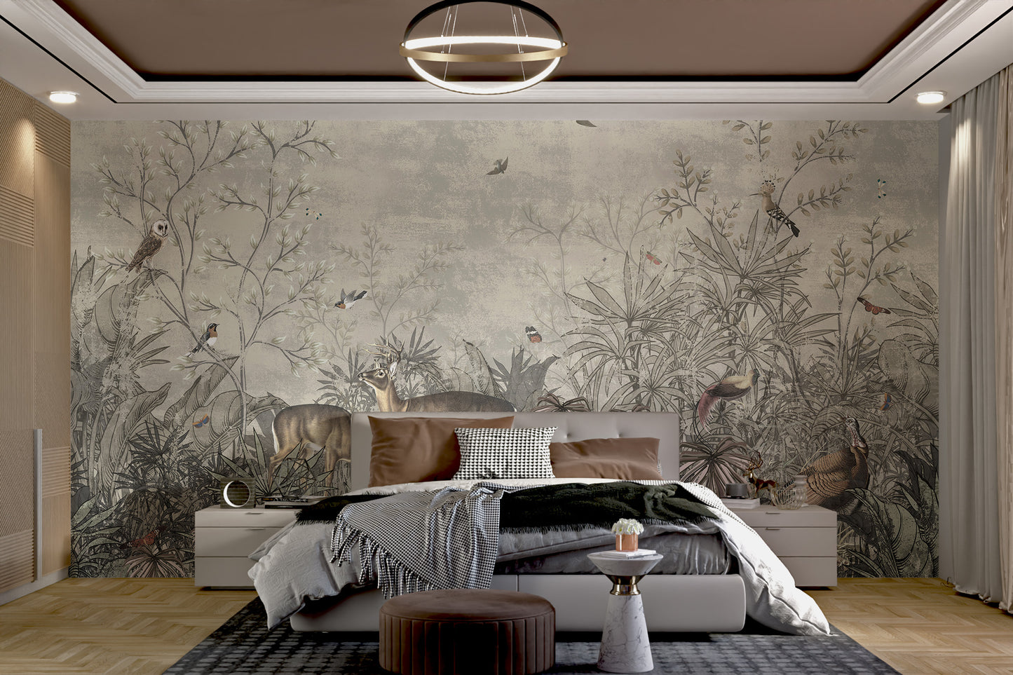 Vibrant wallpaper with tropical plants, rooster, and birds
