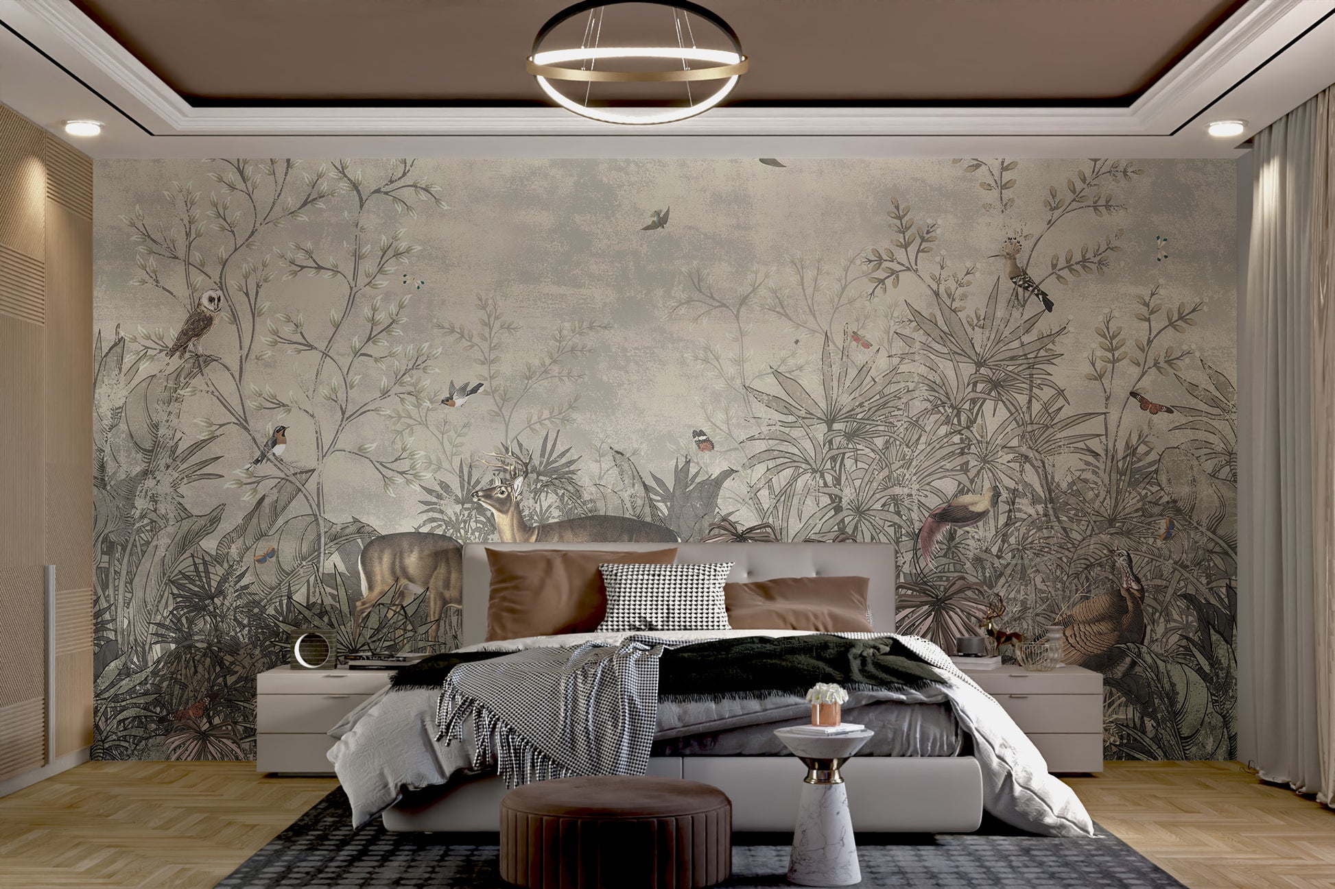 Vibrant wallpaper with tropical plants, rooster, and birds
