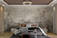 Vibrant wallpaper with tropical plants, rooster, and birds