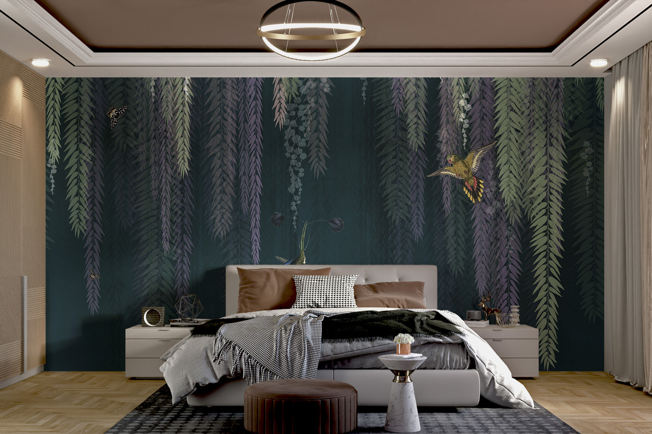 Green hanging leaves with birds wall mural design