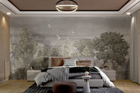 Vintage-inspired wallpaper with Grus birds and forest flowers