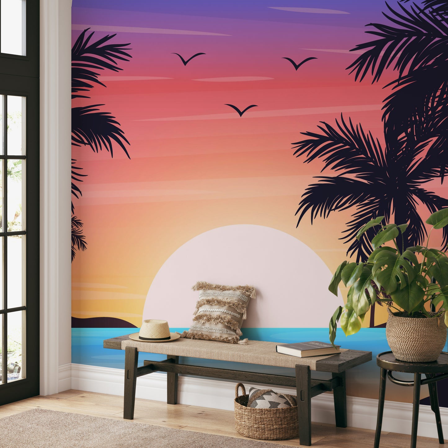 Golden hour beach scene with tropical landscape
