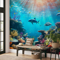 Tropical underwater world wallpaper with marine creatures
