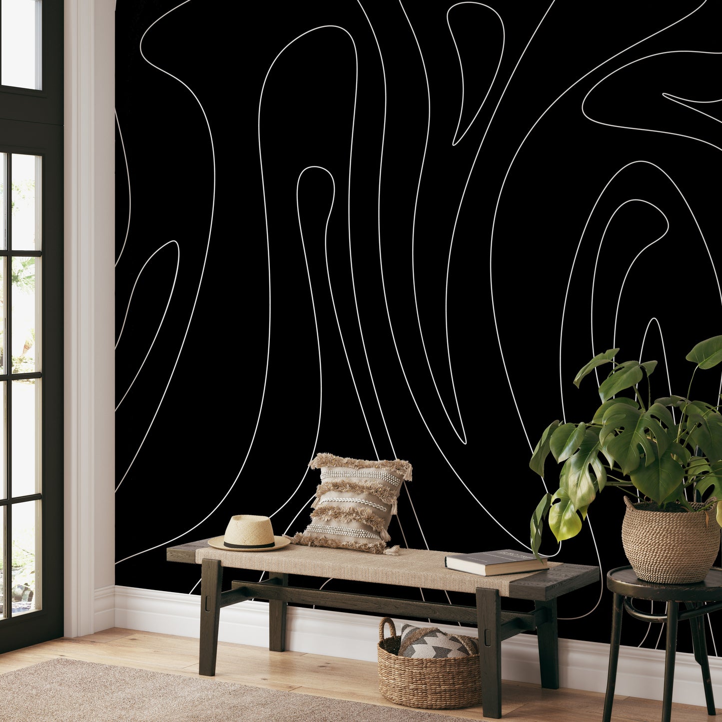 Contemporary black wallpaper with artistic flowing lines
