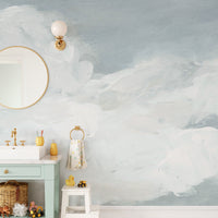 Dreamy watercolor sky mural with gentle cloud details.
