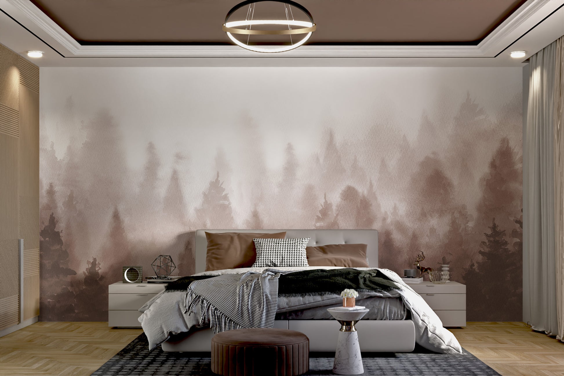 Pine forest wallpaper in elegant brown watercolor hues