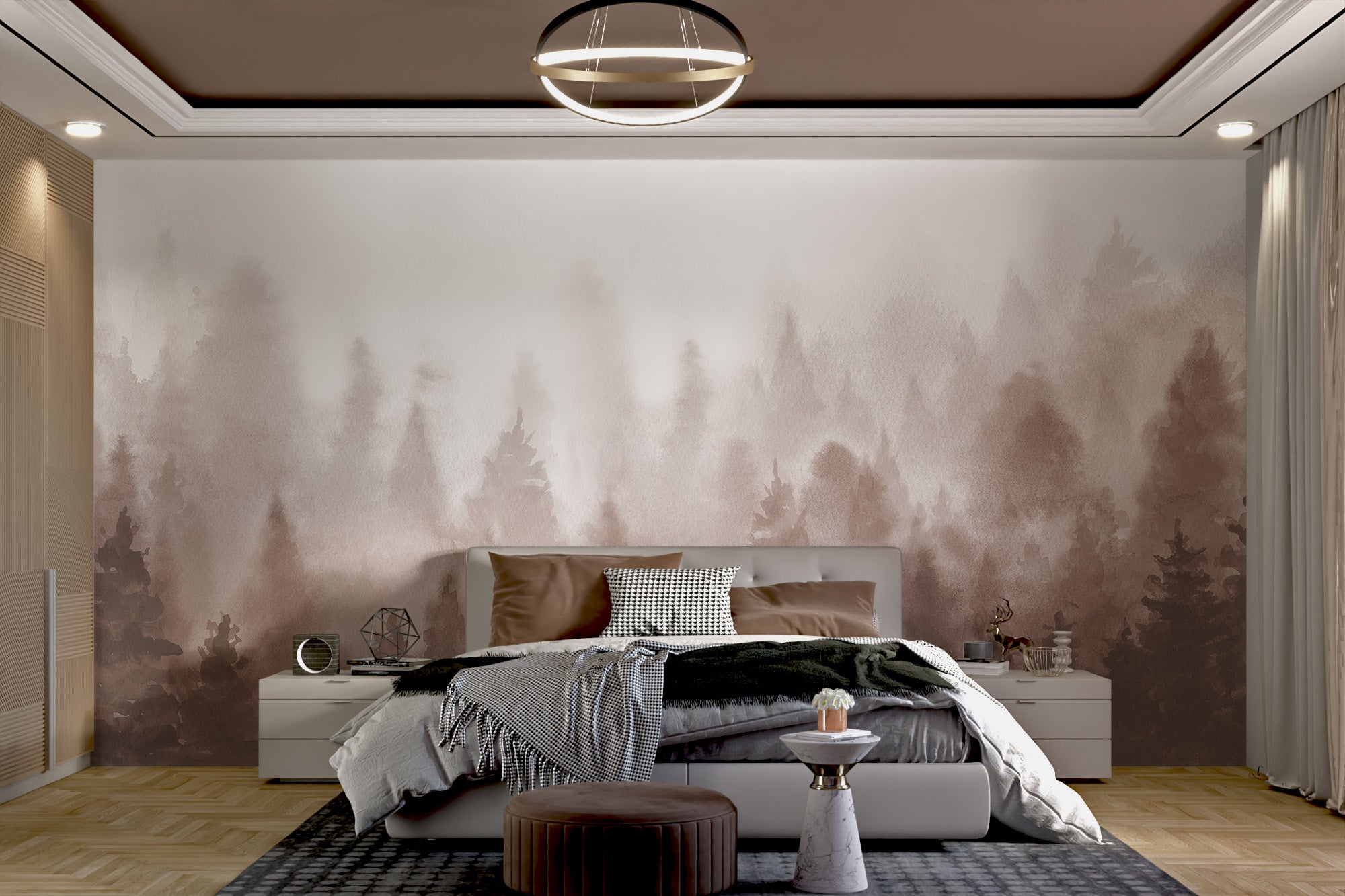 Pine forest wallpaper in elegant brown watercolor hues