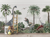 Tropical dinosaur mural perfect for kids' or themed spaces.
