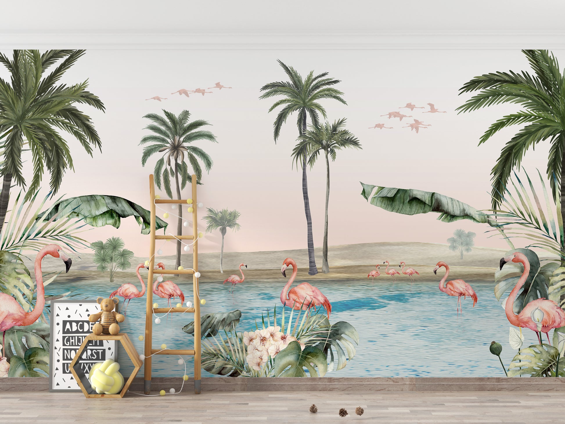 Palm and flamingo wallpaper with vibrant tropical vibes.
