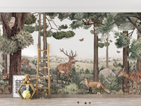 Artistic wallpaper showcasing deer in a forest setting.
