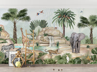 Artistic wallpaper showcasing animals near a water pond.
