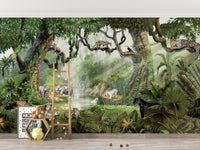 Scenic mural featuring exotic jungle cats and foliage.
