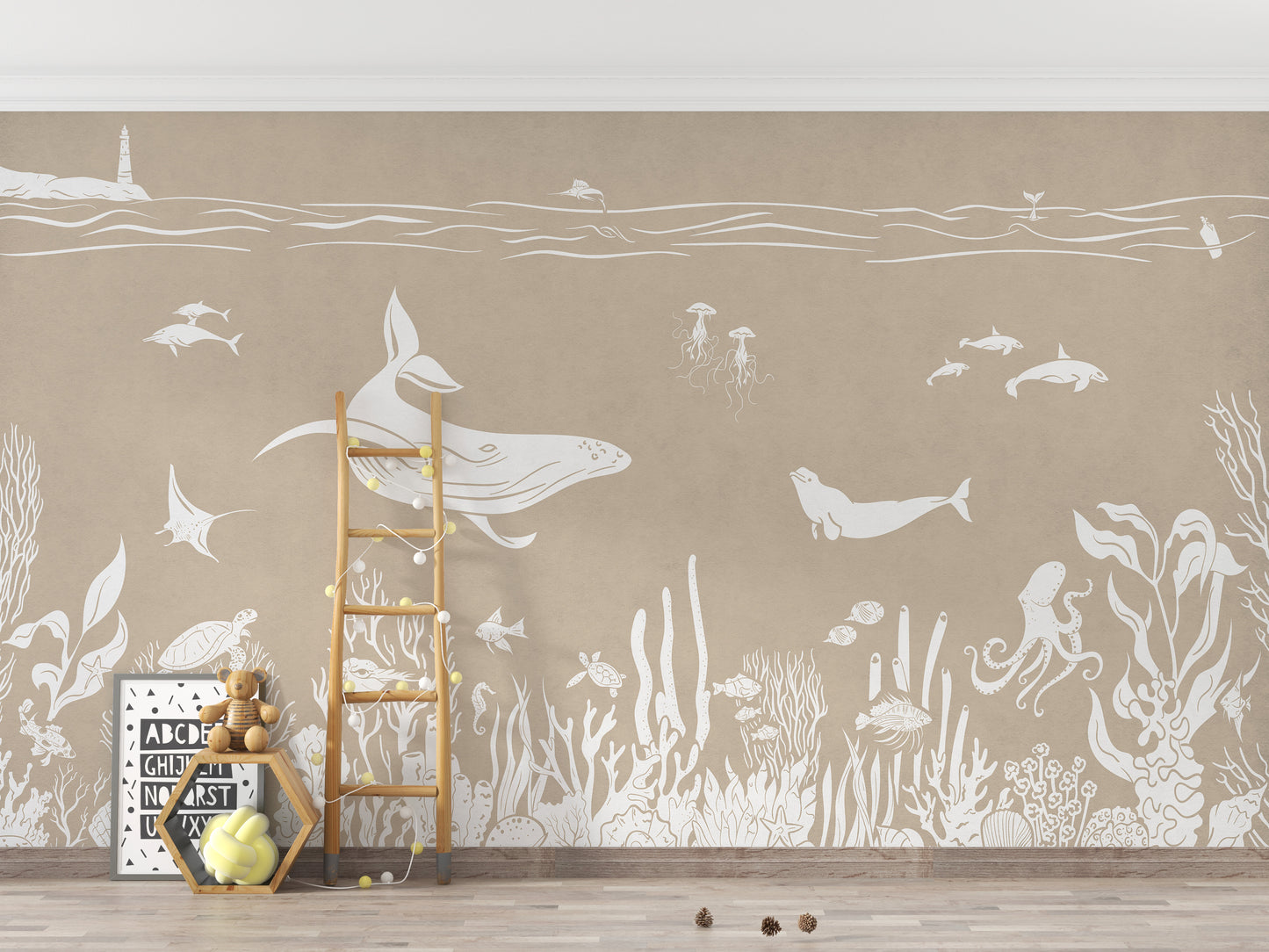 Artistic Monochrome Sea Brown mural for rustic decor.
