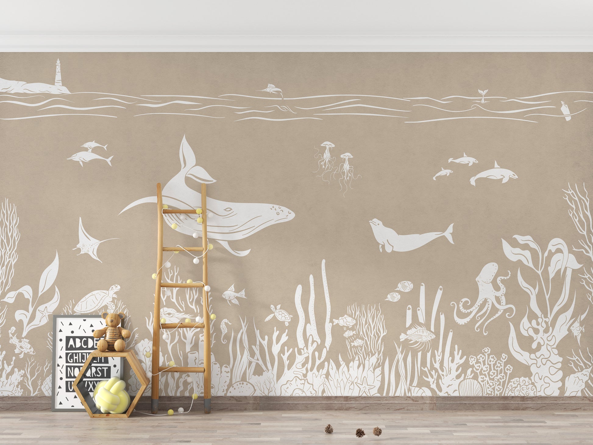 Artistic Monochrome Sea Brown mural for rustic decor.
