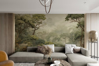 Peaceful misty trees wall covering
