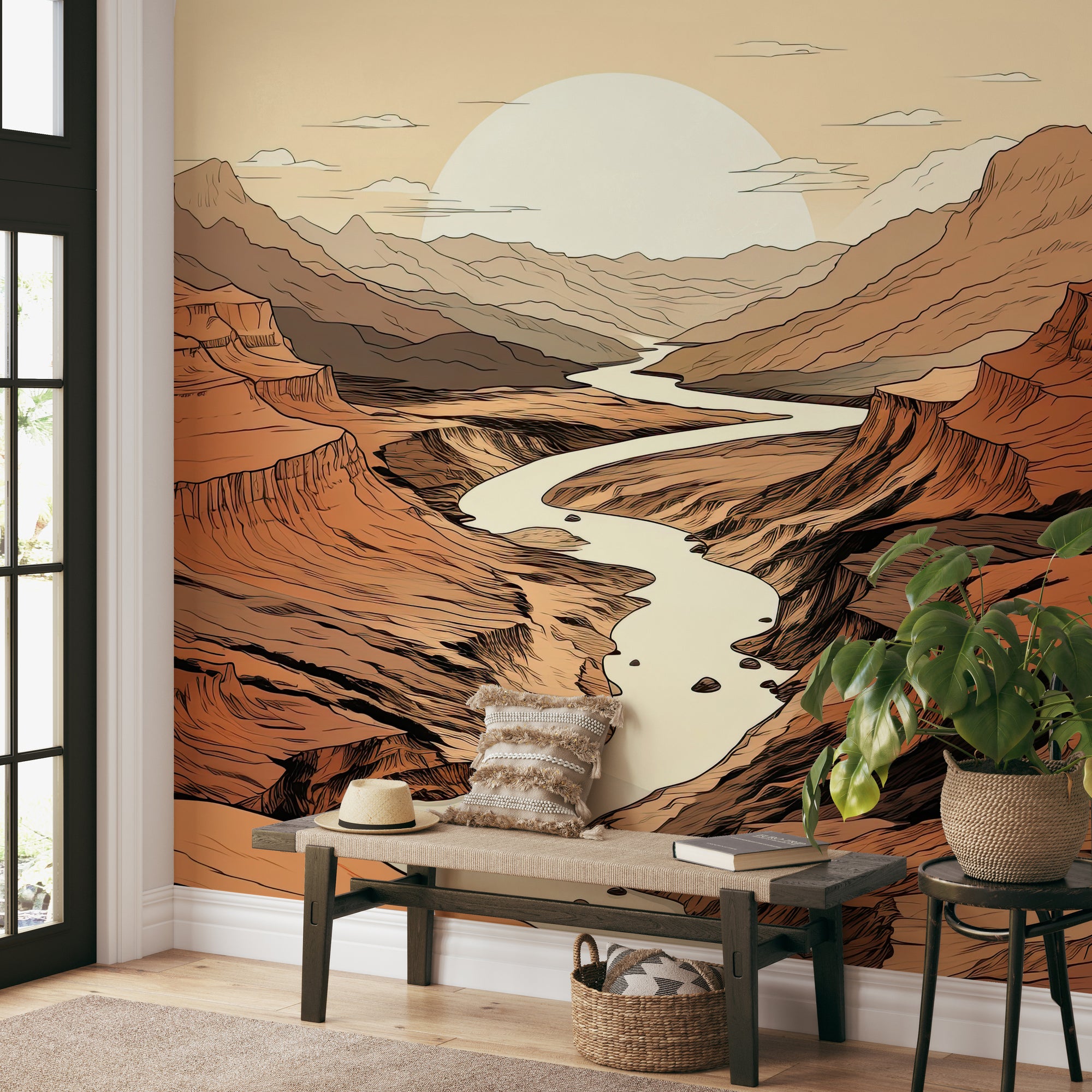 Desert canyon river wallpaper with warm earth tones
