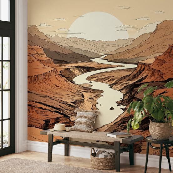 Desert canyon river wallpaper with warm earth tones