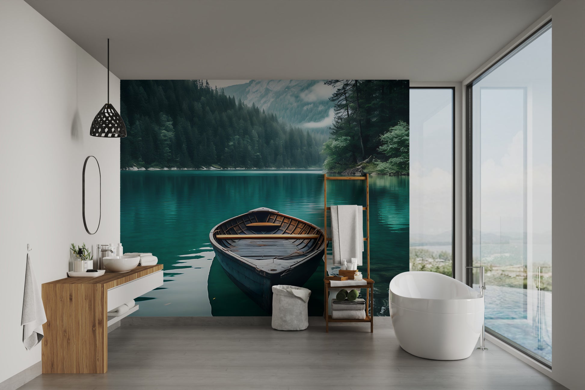 Scenic emerald water and boat wallpaper
