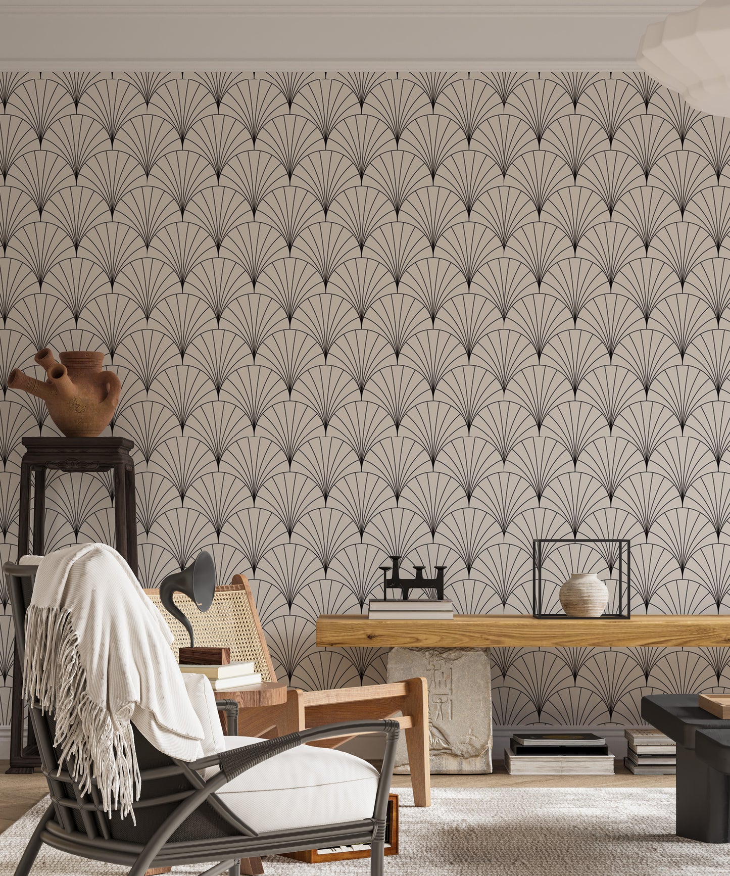 Decorative vintage tiles in Deco arc patterns.