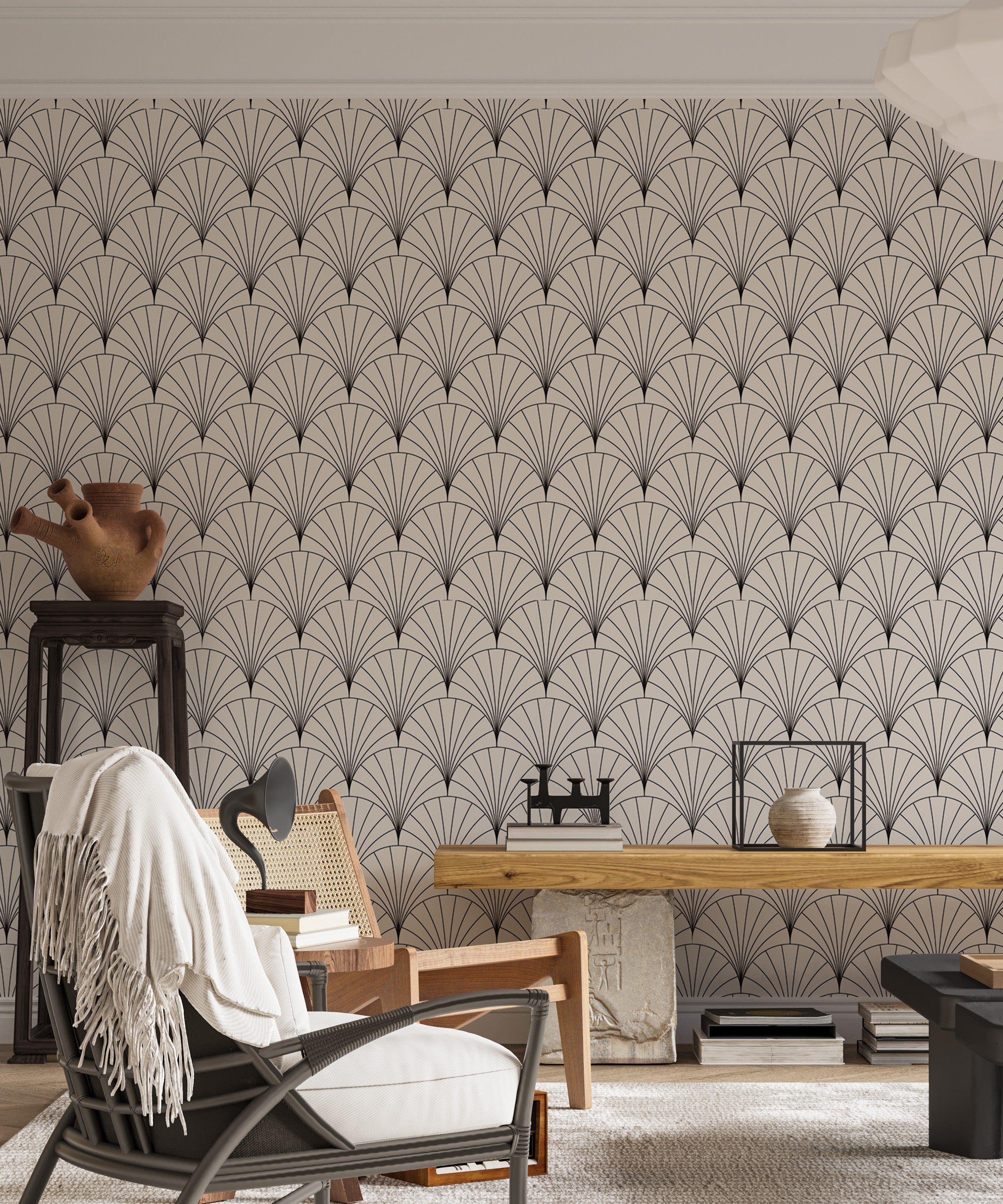 Decorative vintage tiles in Deco arc patterns.