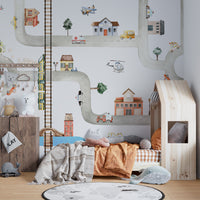 City-themed mural showcasing vibrant traffic scenes.
