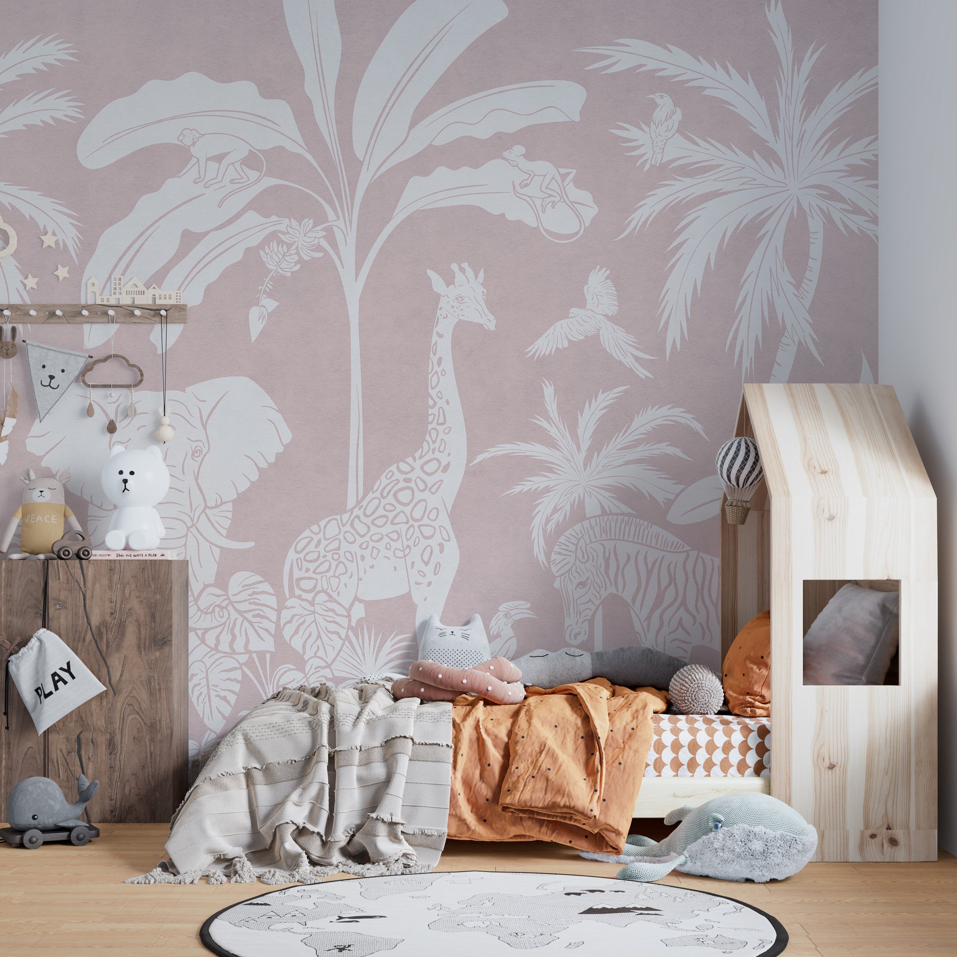 Vibrant Monochrome Jungle Pink mural for bold wall decor.
