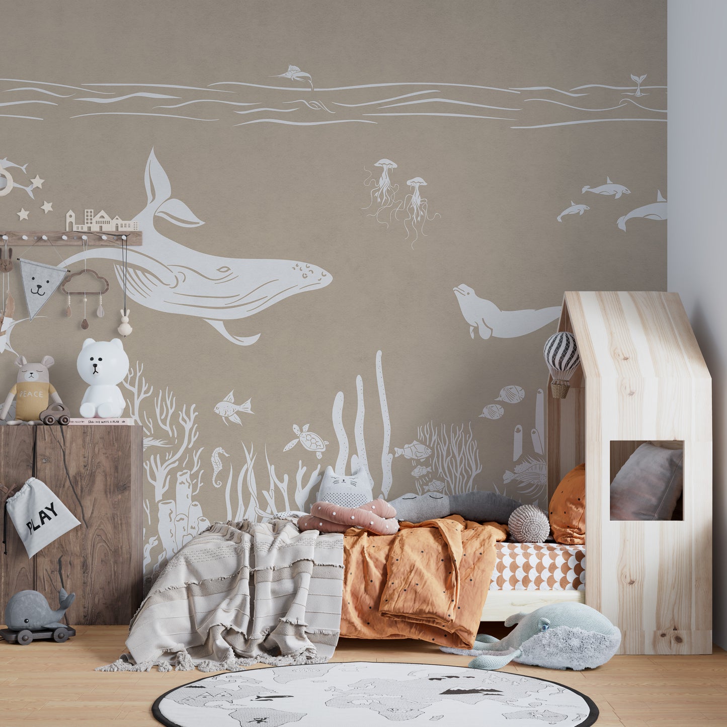 Monochrome Sea Brown wallpaper enhances natural elegance.
