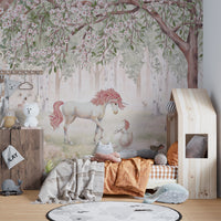 Vibrant Unicorn Forest Green mural for children’s spaces.
