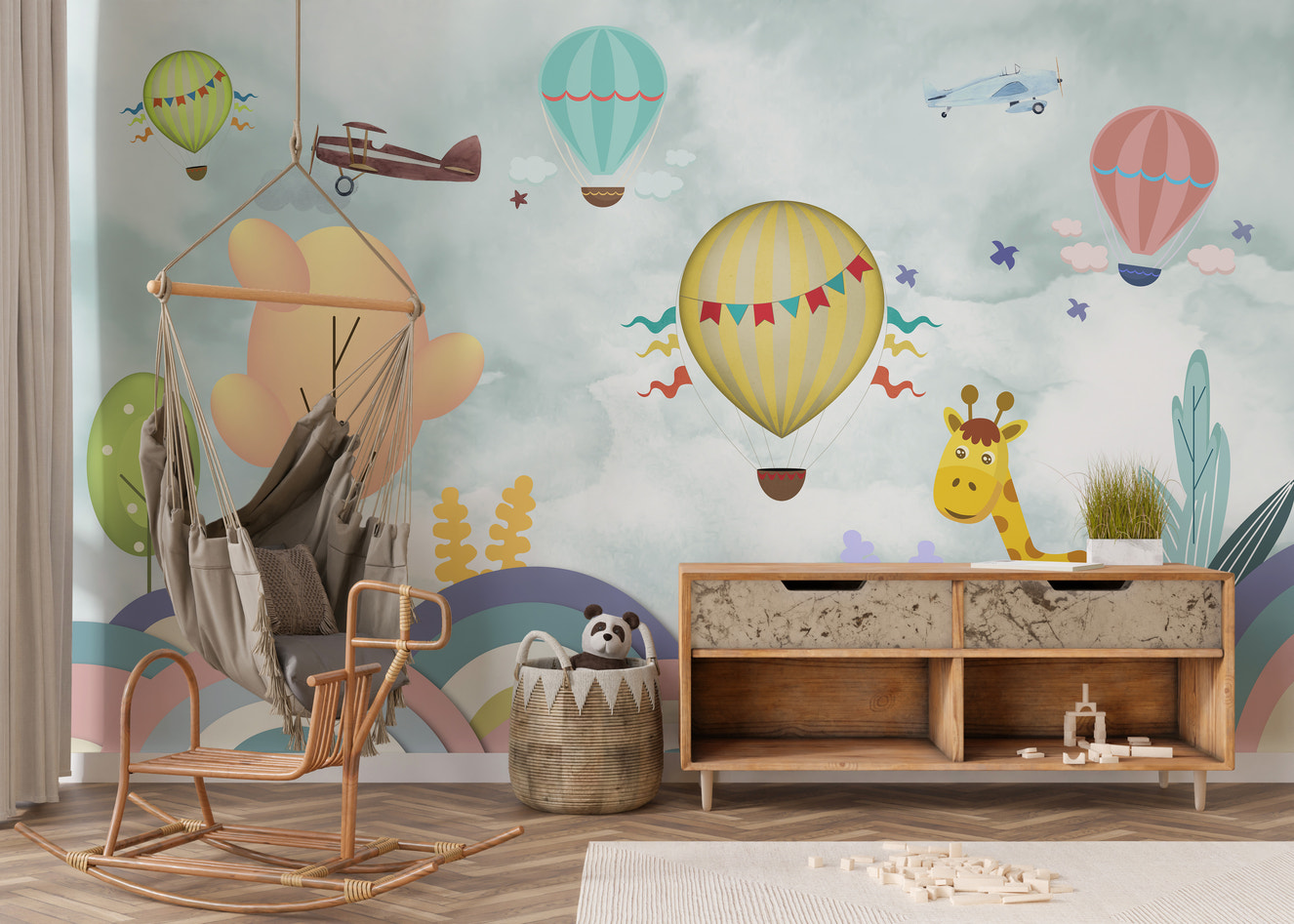Cartoon wallpaper with balloons and giraffe.
