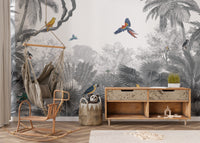 Artistic mural with tropical birds in a forest canopy.
