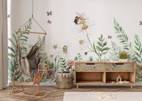Fantasy wall mural with whimsical fairy garden elements.
