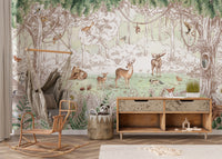Spring-themed mural with charming forest animals.
