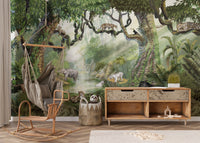 Wildlife mural with jungle cats in a tropical setting.
