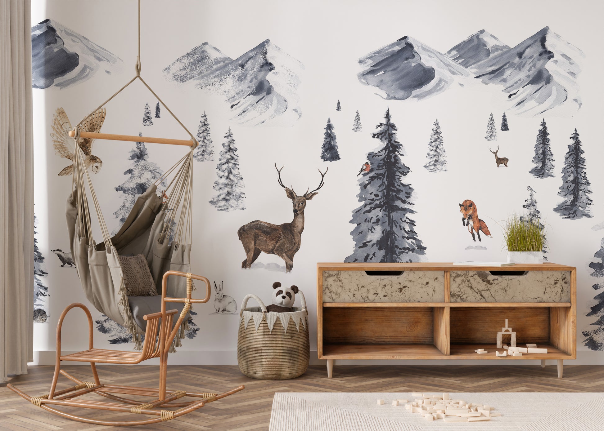 Winter Wonderland wallpaper brings snowy charm indoors.
