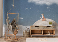 Fox on the moon-themed mural for serene wall decor
