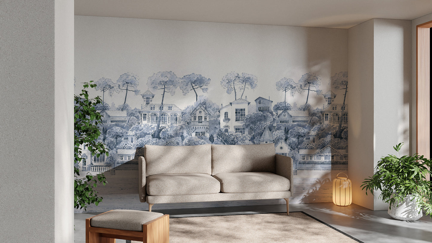 Scenic watercolor coastal village wallpaper for homes
