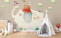 Beige wallpaper with cute cartoon elephants.
