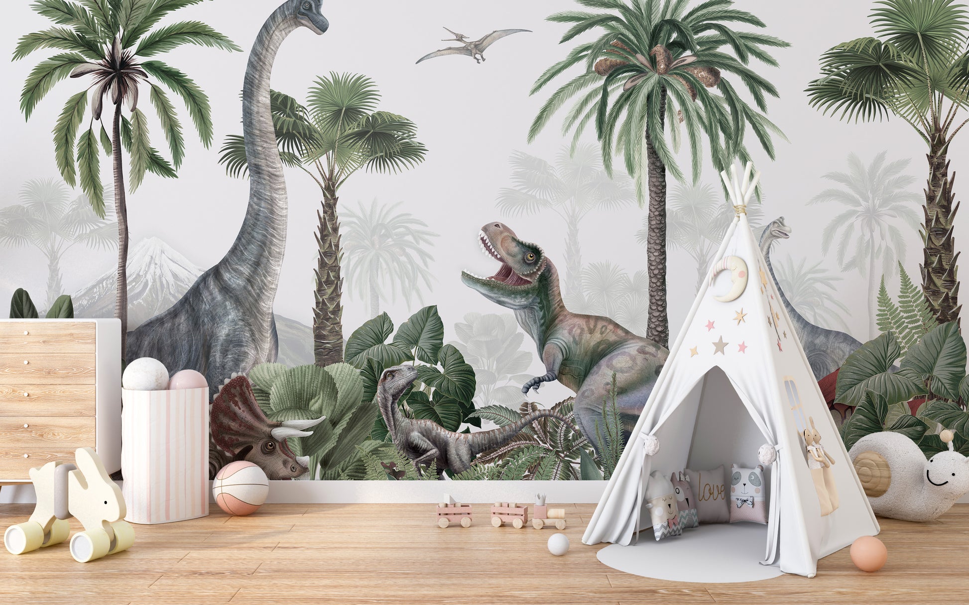Lush mural with dinosaurs in a tropical forest backdrop.
