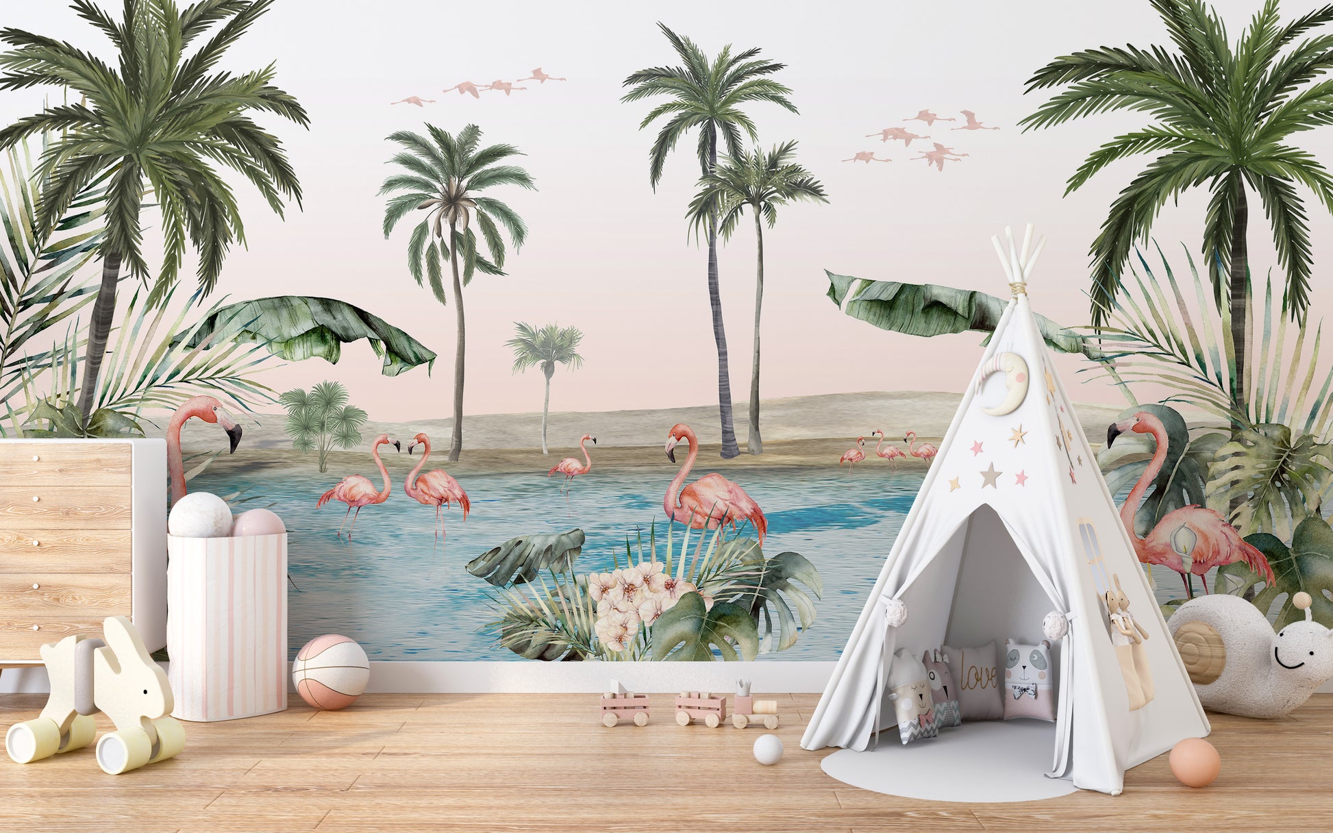 Flamingo-themed mural with lush palm tree backdrop.
