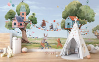 Treehouse Party mural brings imagination to children’s rooms.
