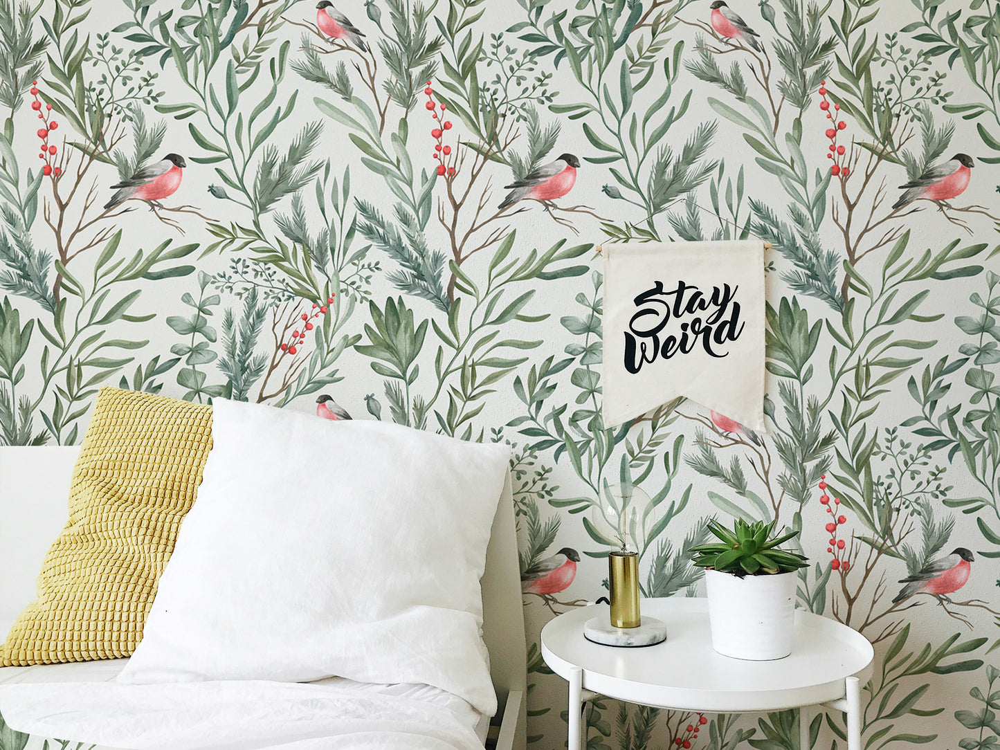 Botanical Watercolor Leaves Bullfinch Bird Foliage Wallpaper