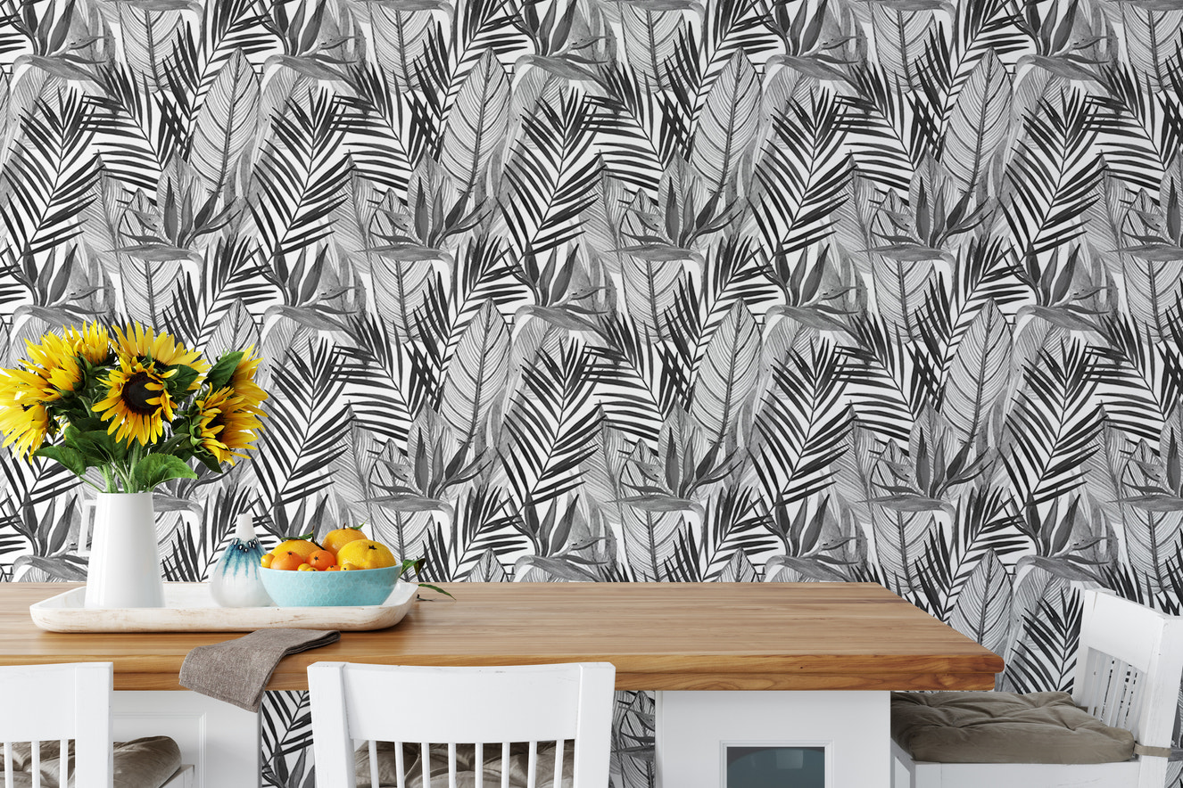 Black and White Watercolor Tropical Palm Leaves Wallpaper