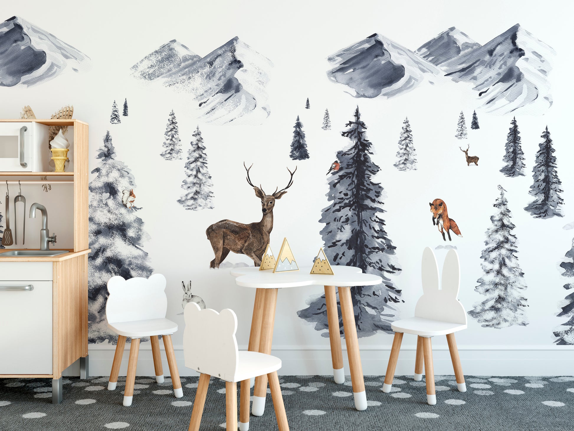 Tranquil Winter Wonderland mural for timeless interiors.
