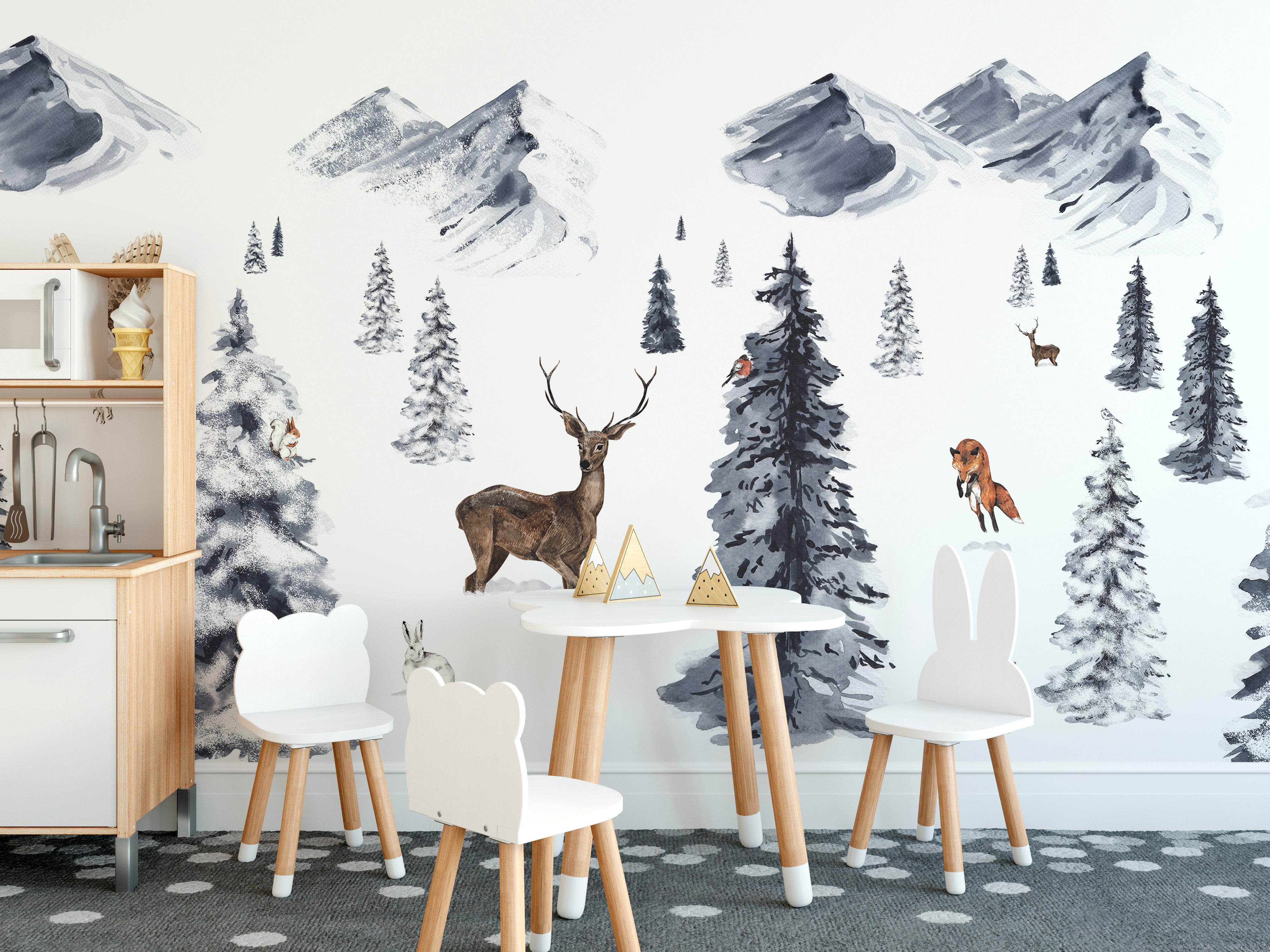 Tranquil Winter Wonderland mural for timeless interiors.
